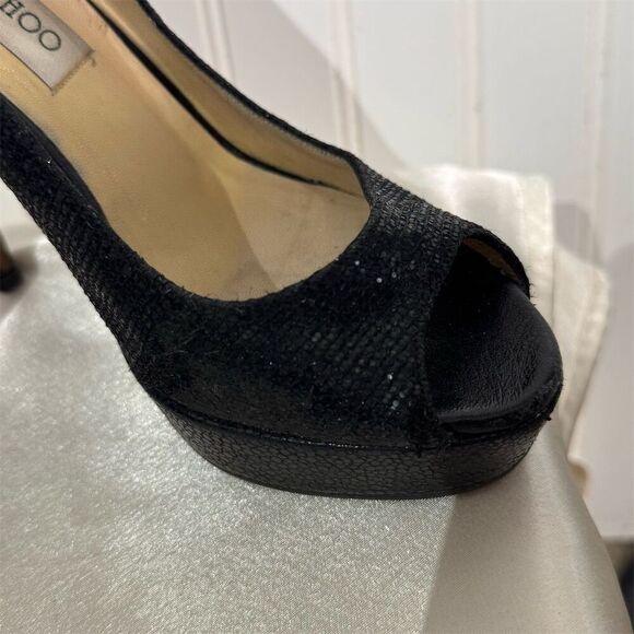 Jimmy Choo Black Glitter Peep Toe Platform Pumps Size 7 US Heels Made in Italy - Picture 8 of 15
